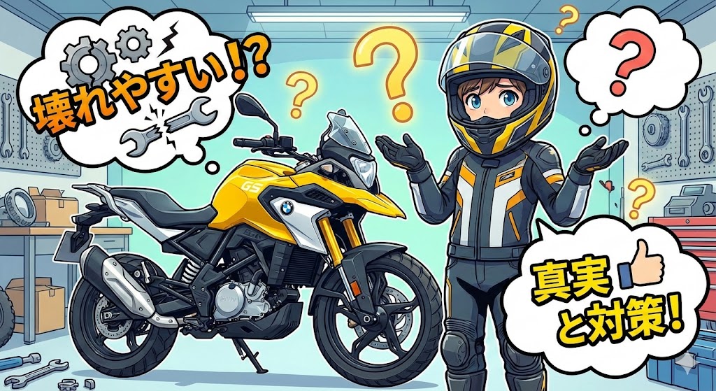 BMW G310GSは壊れやすいという評判の真実と対策。ガレージで故障リスクについて疑問を持つライダーのアニメ風アイキャッチ画像