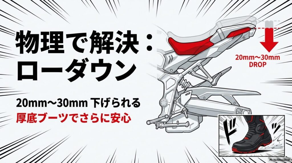 ローダウンキットと厚底ブーツによるCB650Rの足つき改善効果
