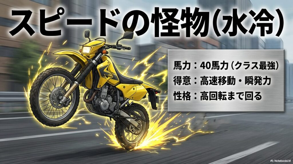 スピードの怪物・水冷エンジン。馬力は40馬力でクラス最強。高速移動と瞬発力が得意で、高回転まで回る性格を持つ。