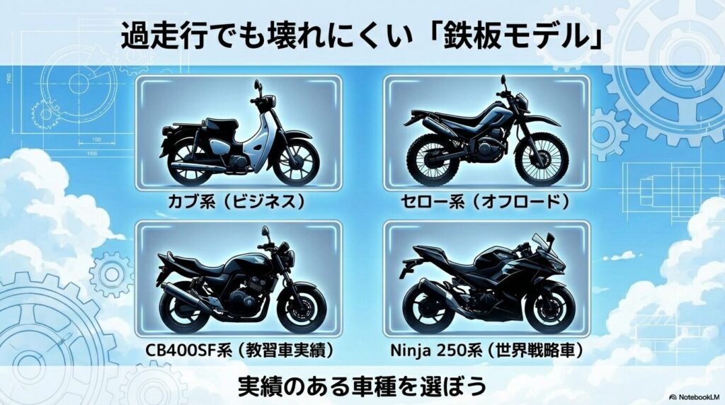 カブ系、セロー系、CB400SF系、Ninja 250系など、実績があり過走行でも信頼できる中古バイクの鉄板モデル