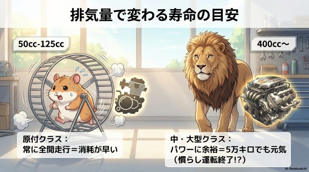 常に全開走行で消耗が早い原付クラスと、パワーに余裕があり5万キロでも慣らし運転が終わった程度の大型クラスの比較