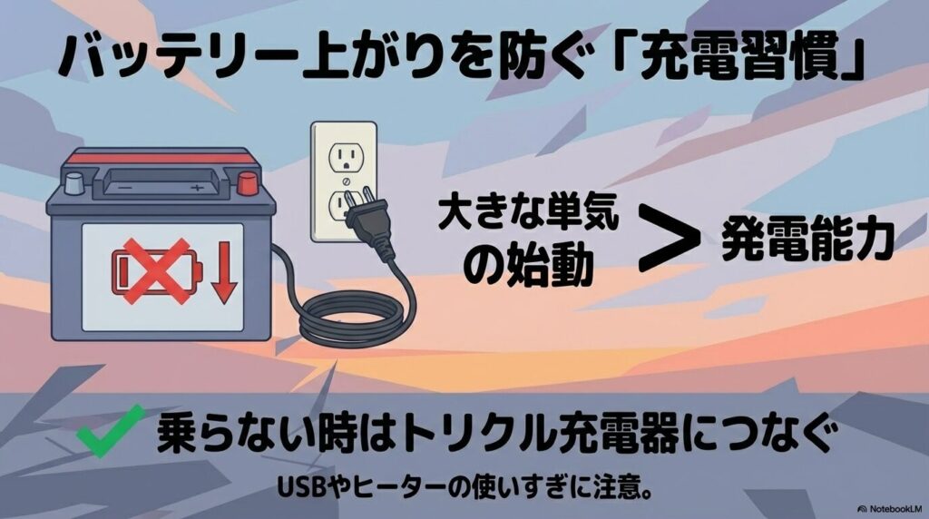 G310GSのバッテリー上がりを防ぐためにトリクル充電器の使用を推奨する解説図。