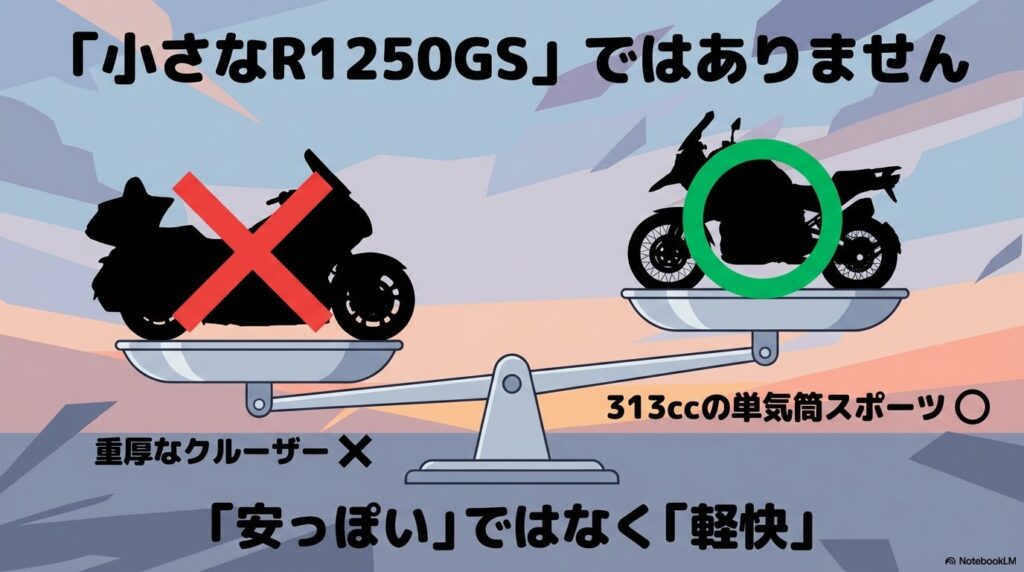 G310GSは小さなR1250GSではなく313ccの単気筒スポーツモデルであるというコンセプト解説図