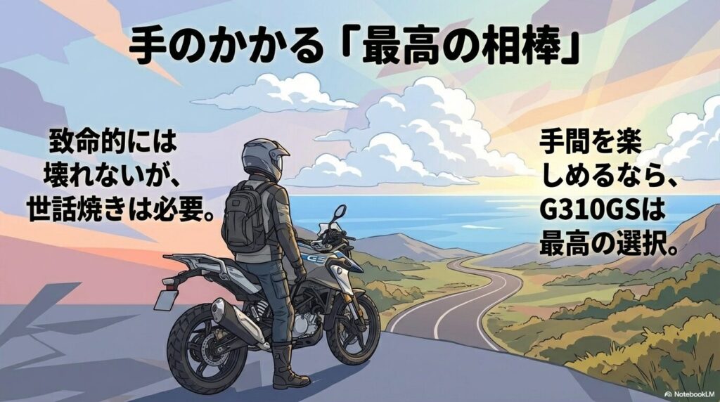 G310GSは手のかかるバイクだが手を掛ければ最高の相棒になるという結論スライド。