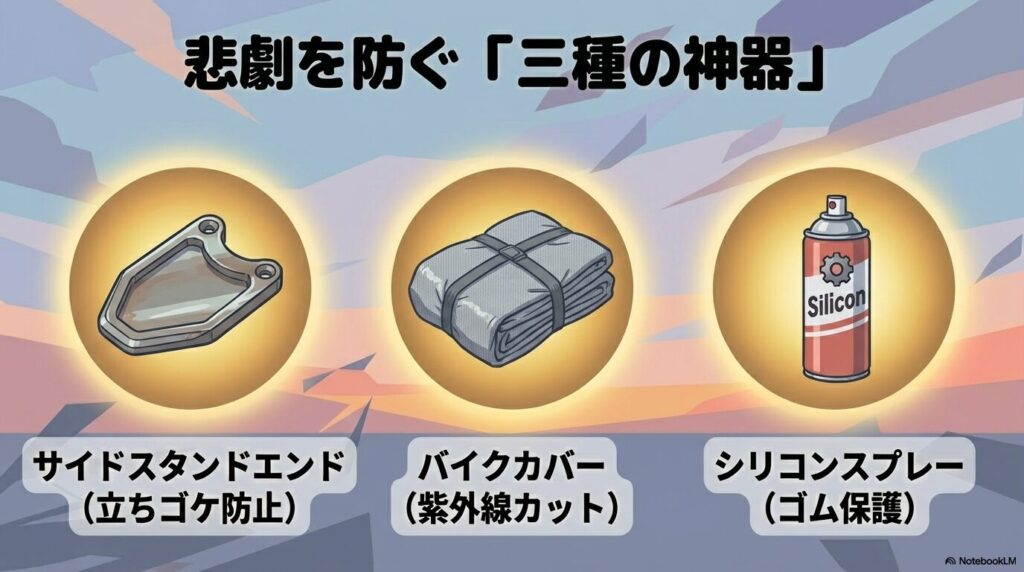 G310GSの維持に欠かせないサイドスタンドエンド、バイクカバー、シリコンスプレーの三種の神器紹介図。