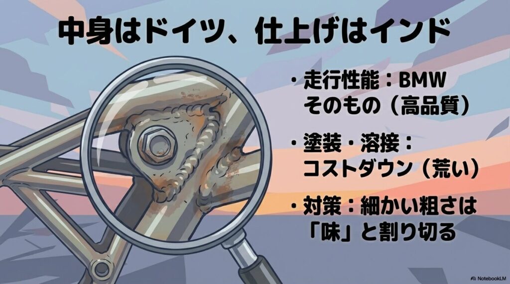 G310GSの走行性能はドイツ品質だが塗装や溶接はコストダウンされているという品質評価の解説図。