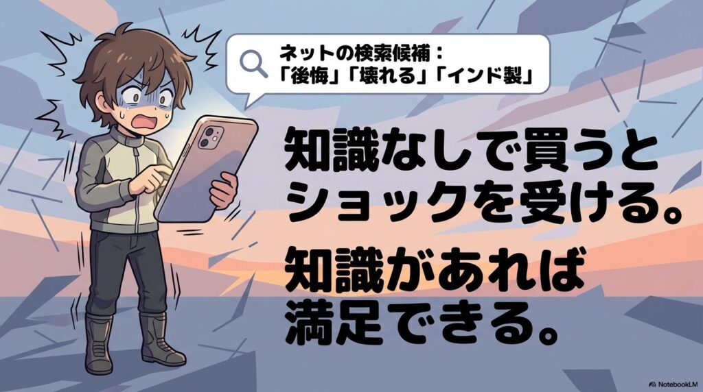 G310GSの「壊れやすい」「後悔」というネット検索候補と、知識があれば満足できるという比較解説図。
