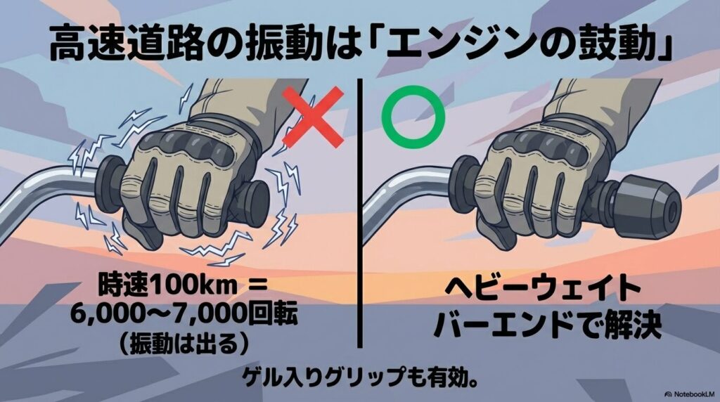 G310GSの高速道路での振動対策としてヘビーウェイトバーエンドやゲル入りグリップを紹介する図。