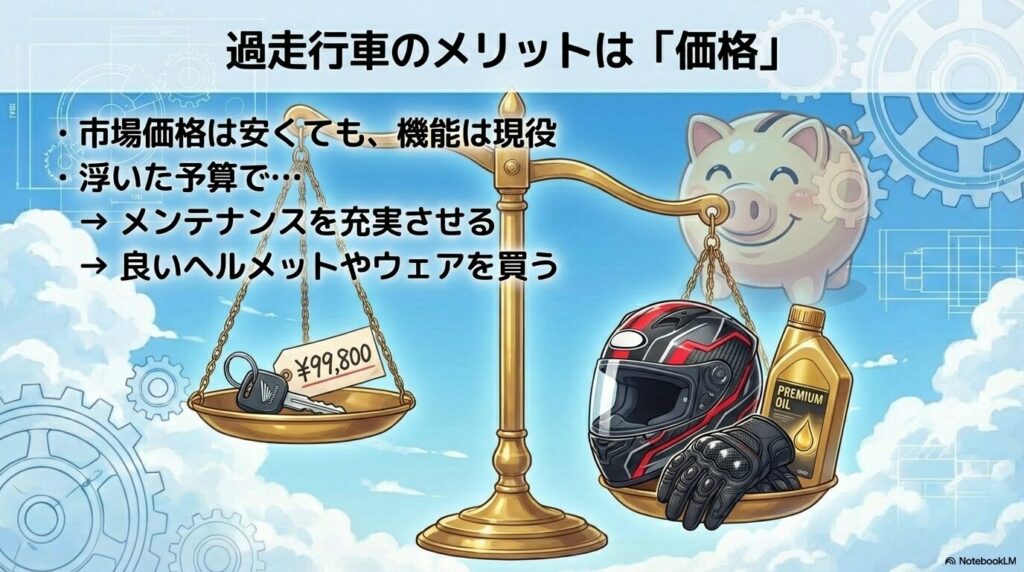 過走行車は市場価格が安く機能は現役。浮いた予算でメンテナンスを充実させたり良いヘルメットを購入したりする活用イメージ
