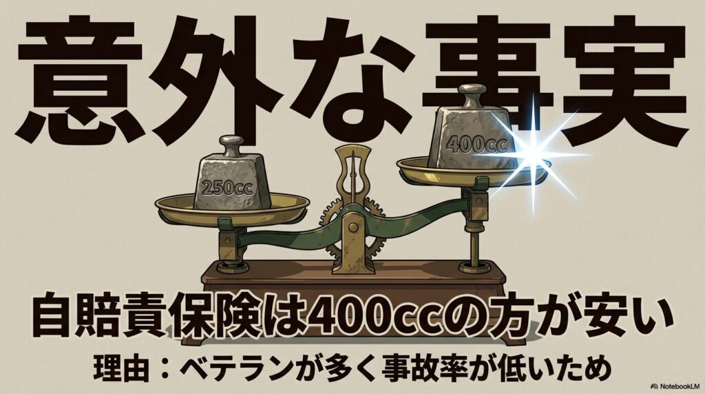 意外な事実。自賠責保険は400ccの方が安い。理由はベテランが多く事故率が低いため。天秤による重量比較イメージ。