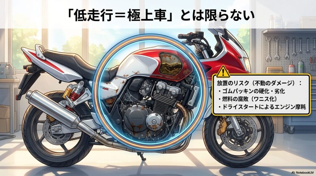 走行距離が少ないバイクの放置リスク。ゴムパッキンの硬化、燃料のワニス化、ドライスタートによるエンジン摩耗の解説