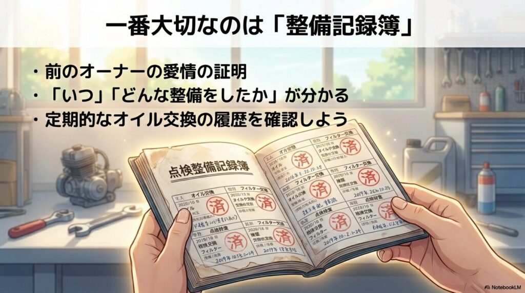 中古バイク購入時に確認すべき点検整備記録簿のサンプル。定期的なオイル交換の履歴や整備内容が記載されている