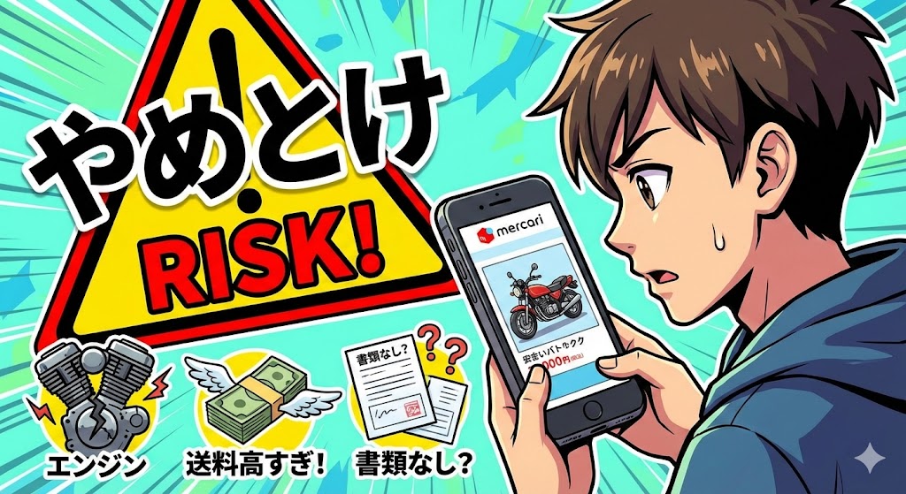 メルカリでのバイク購入はやめとけと言われるリスク（エンジントラブル・高額送料・書類不備）と、スマホを見て悩む男性のイラスト