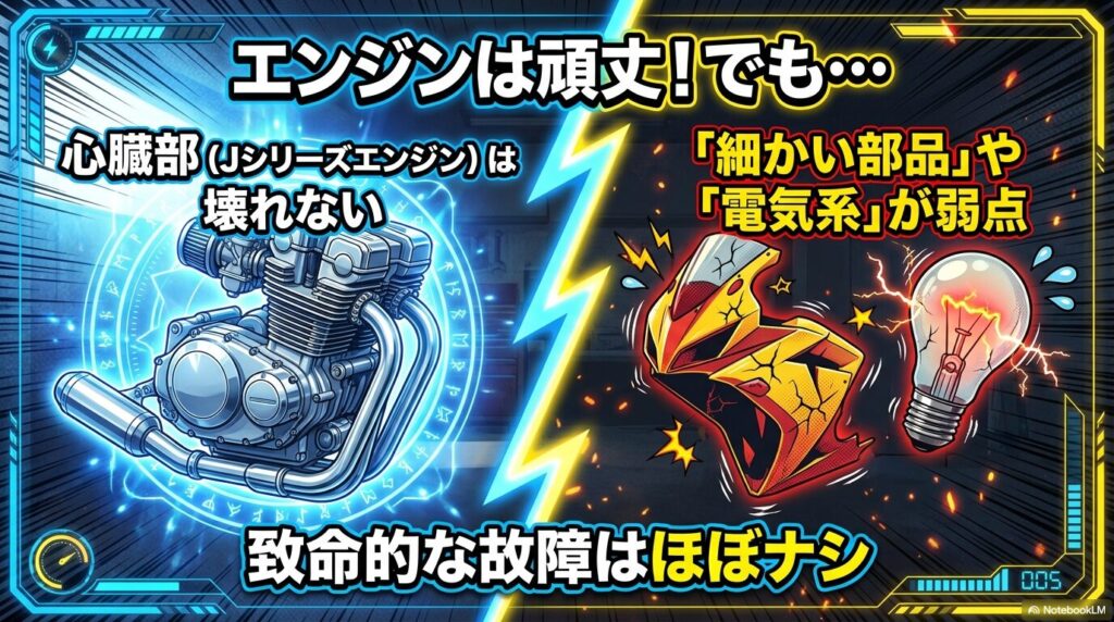 メテオ350のJシリーズエンジンは頑丈だが、細かい部品や電気系が弱点であることを示す図解