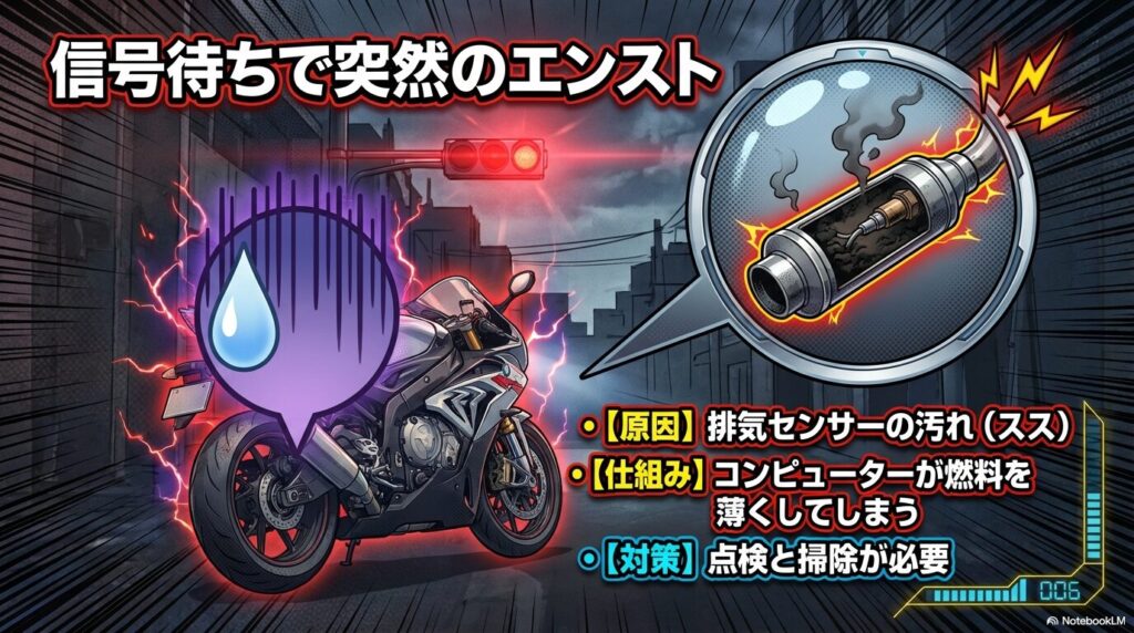 メテオ350が信号待ちで突然エンストする原因が、排気センサーの汚れ(スス)によるものであることを解説した図