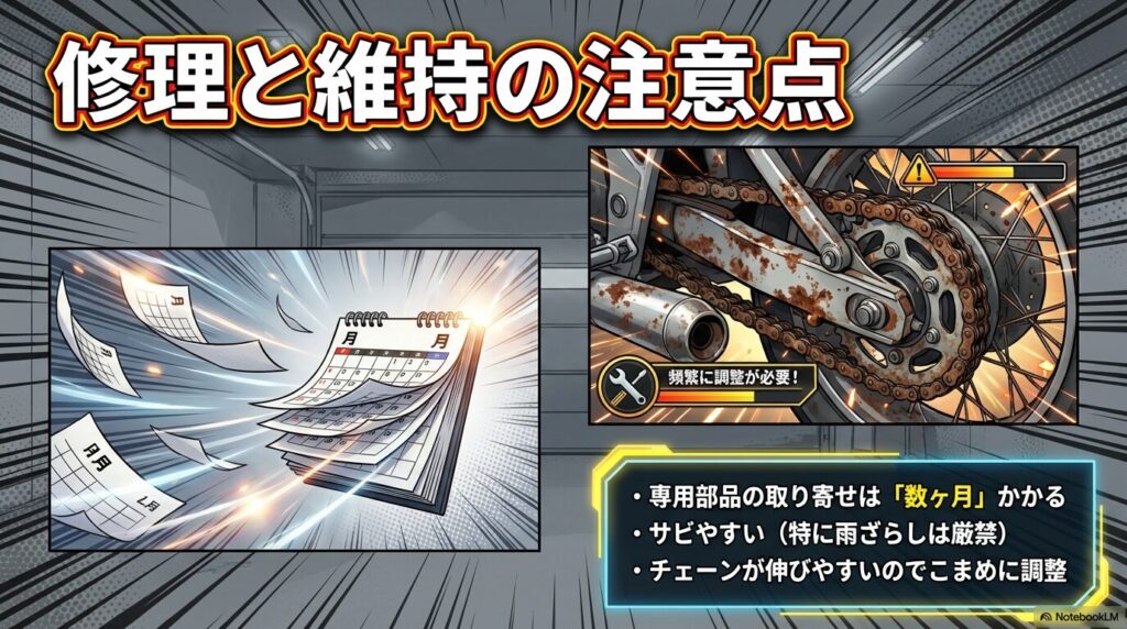 メテオ350のチェーンの頻繁な調整やサビやすさなど、修理と維持に関する注意点を示す図解