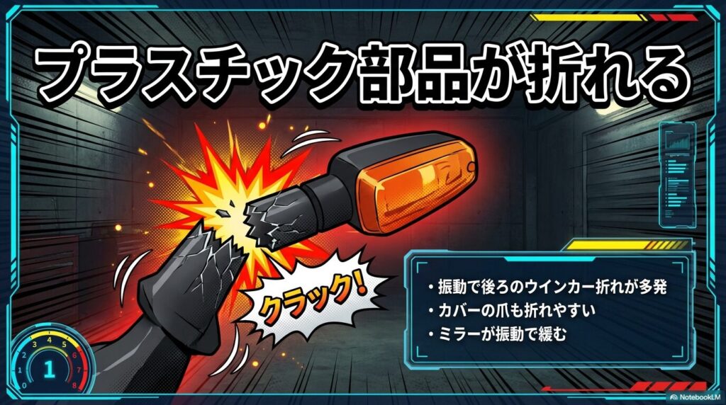 メテオ350のウインカーやカバーなどのプラスチック部品が、単気筒の振動によって折れやすいことを示す図解