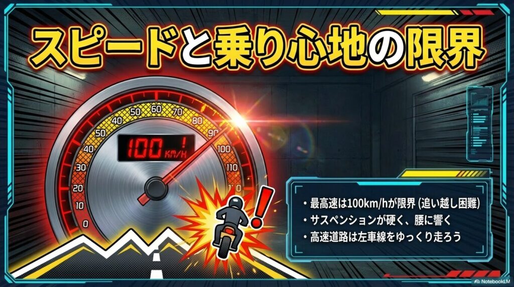 メテオ350の最高速が100km/hで限界であることと、硬いサスペンションによる乗り心地への影響を示すグラフ図