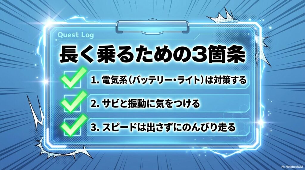 メテオ350に長く乗るための3箇条(電気系の対策、サビと振動への配慮、スピードを出さないこと)をまとめた図解