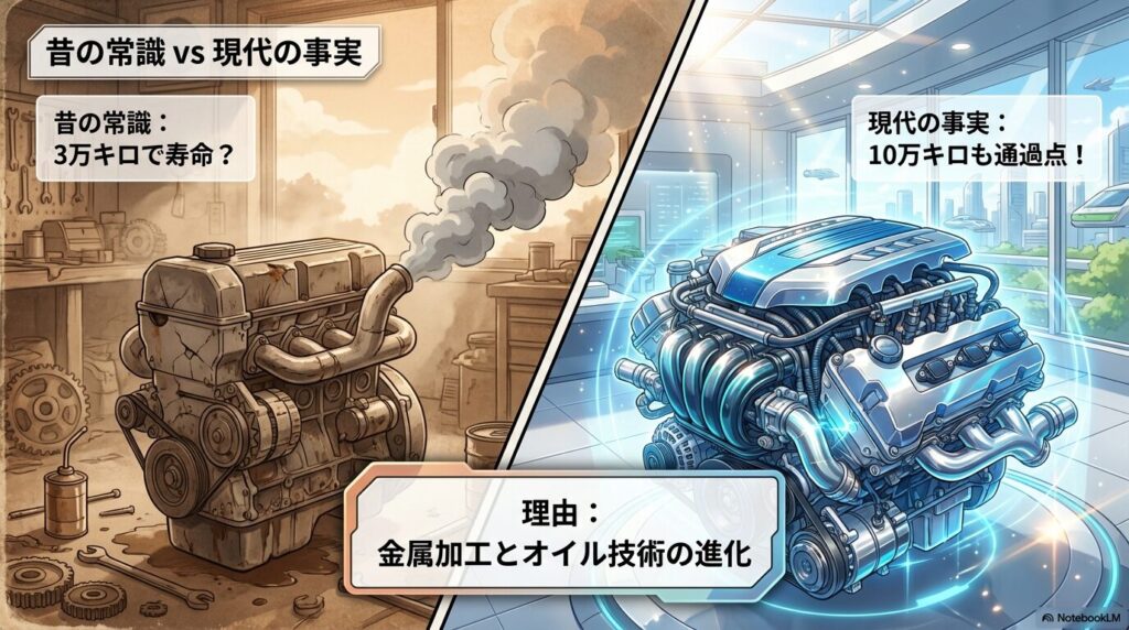 昔は3万キロで寿命と言われたが現在は10万キロも通過点である比較図。金属加工とオイル技術の進化が理由