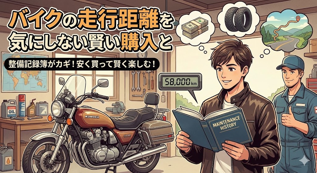 中古バイクの走行距離と寿命についての記事アイキャッチ。ガレージで整備士とバイクの状態を確認するライダーを描いた、おしゃれなアニメ調イラスト。