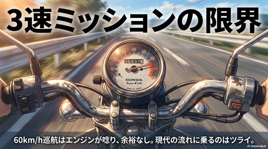 スーパーカブ90の3速ミッションの限界についての解説。60km/h巡航時のエンジンの唸りと余裕のなさをグラフやイラストで表現。