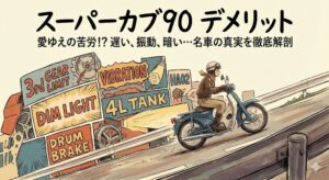 スーパーカブ90のデメリット(3速の限界、振動、暗いライトなど)を表現したアニメ調のアイキャッチ画像