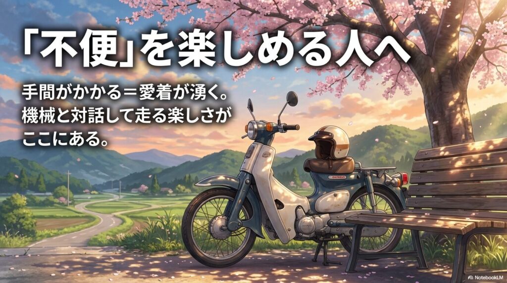 不便を楽しむスーパーカブ90の魅力。手間がかかることで愛着が湧き、機械と対話する楽しさを解説。