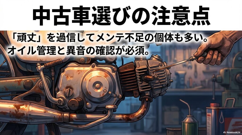 中古車選びの注意点。頑丈さを過信したメンテ不足車やオイル管理、異音確認の重要性を説くスライド。