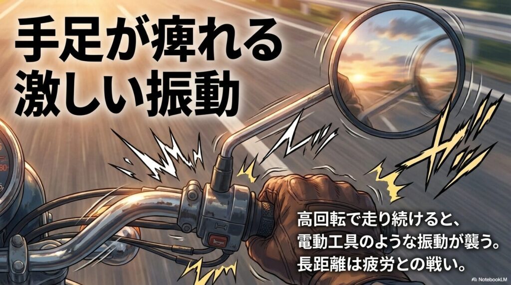スーパーカブ90の高回転域での激しい振動についての解説。手足の痺れや疲労との戦いを表現したスライド。