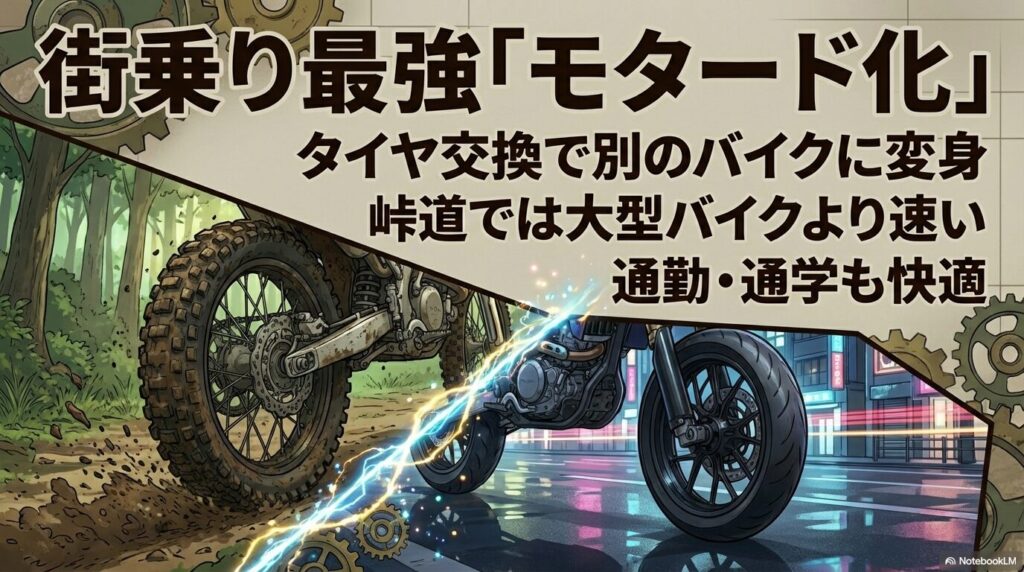 街乗り最強「モタード化」。タイヤ交換で別のバイクに変身。峠道では大型バイクより速く、通勤・通学も快適。