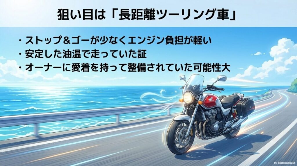 ストップ＆ゴーが少なく油温が安定している長距離ツーリング使用車が、オーナーの愛着もあり中古車として狙い目である理由