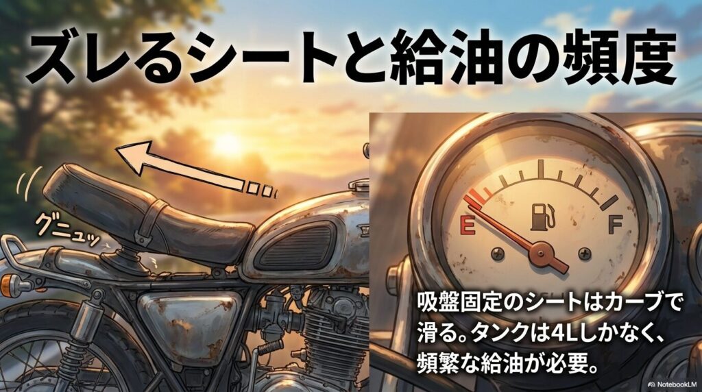 吸盤固定シートの横ズレによる不安定さと、4L燃料タンクによる頻繁な給油の必要性を解説したスライド。