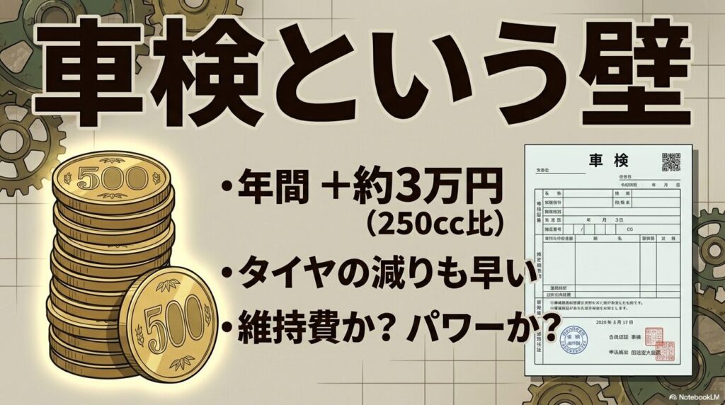 車検という壁。250cc比で年間約3万円プラス。タイヤの減りも早い。維持費か?パワーか?