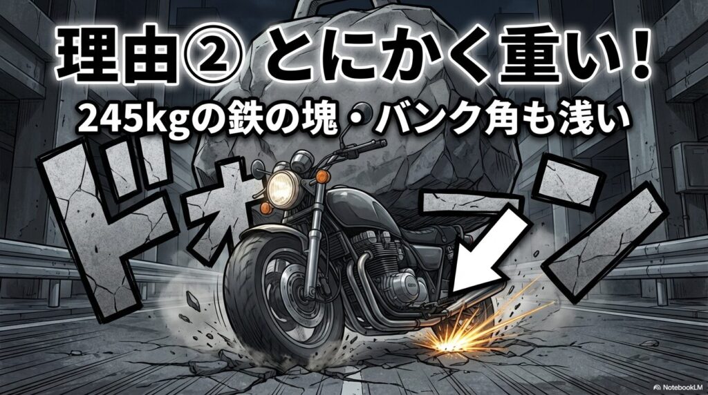 XJR1300の245kgある車重と浅いバンク角によるスポーツ走行の難しさと重さのデメリット