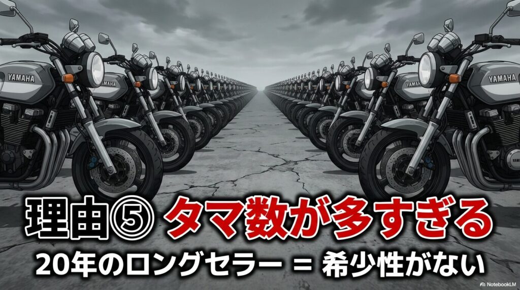 XJR1300の流通在庫の多さと20年にわたるロングセラーモデルゆえの希少性のなさが価格を下げる要因