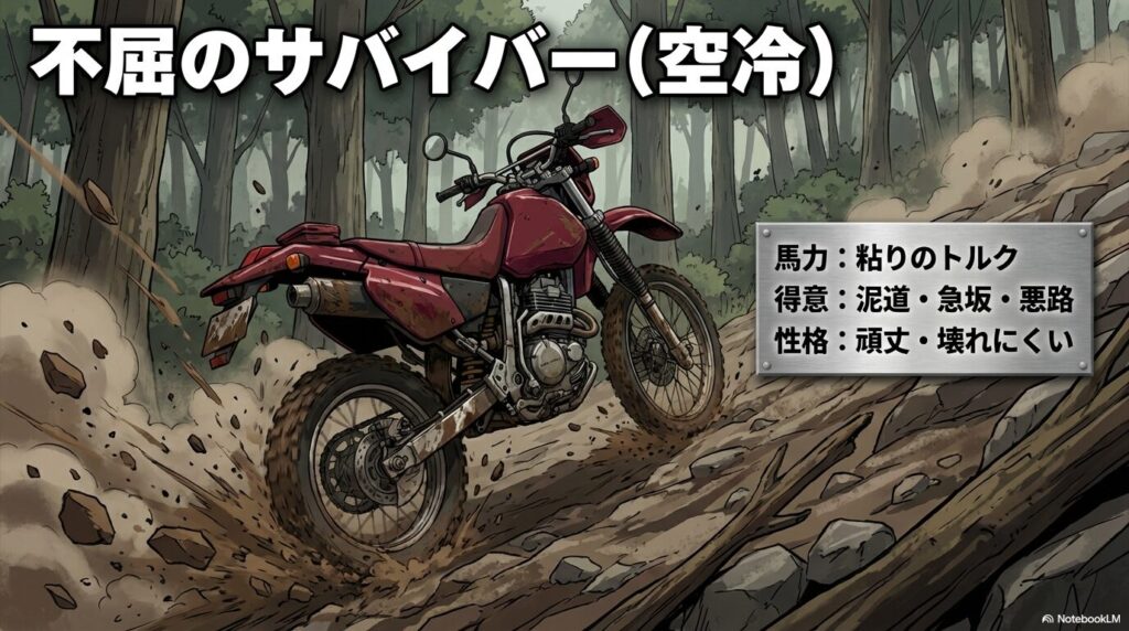 不屈のサバイバー・空冷エンジン。粘りのトルクを持ち、泥道や急坂などの悪路が得意。頑丈で壊れにくい性格を持つ。