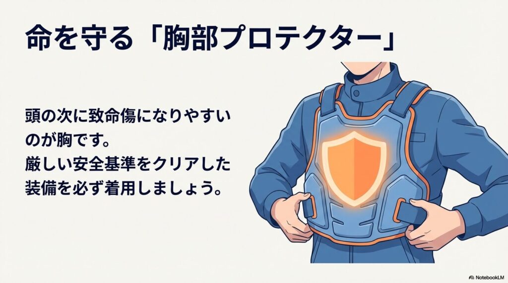 バイク事故時の致命傷を防ぐため、厳しい安全基準をクリアした胸部プロテクターを装着しているライダーのイラスト