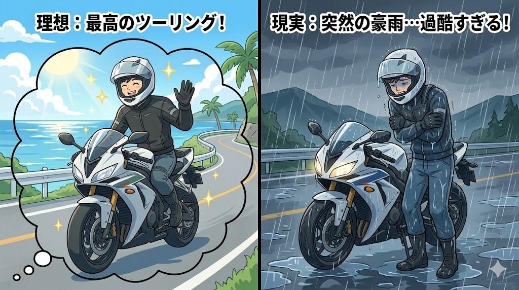 バイクを趣味にするリスクを表した、晴れた日の理想のツーリングと、ゲリラ豪雨でずぶ濡れになり途方に暮れるライダーの過酷な現実の対比イラスト