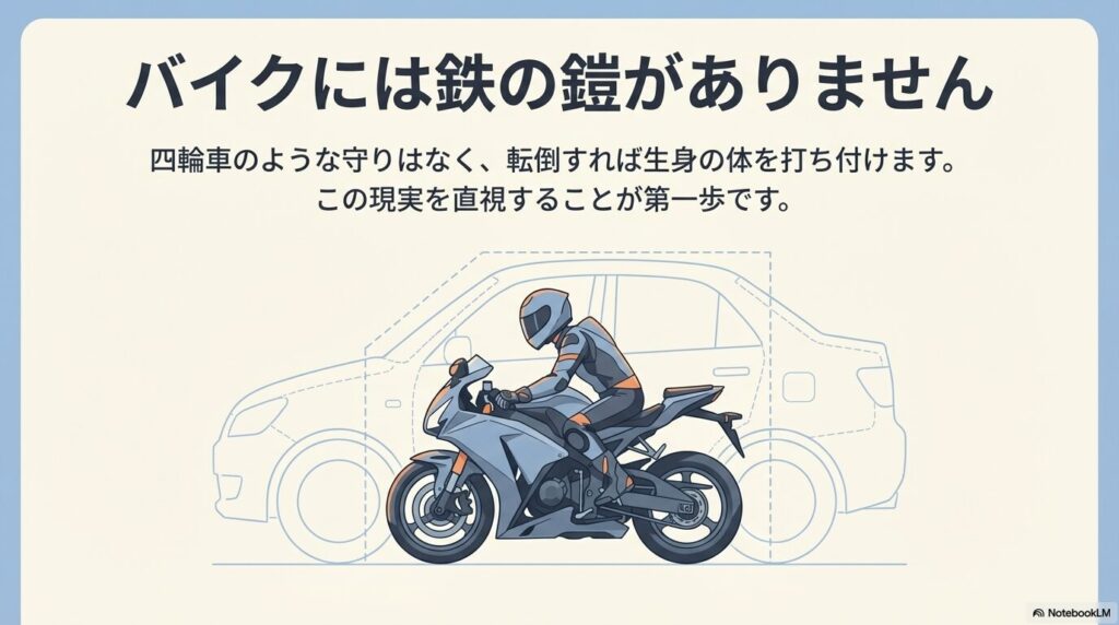 四輪車のシルエットと比較して、体を守る鉄の鎧（キャビン）がないバイクの構造を示すイラスト