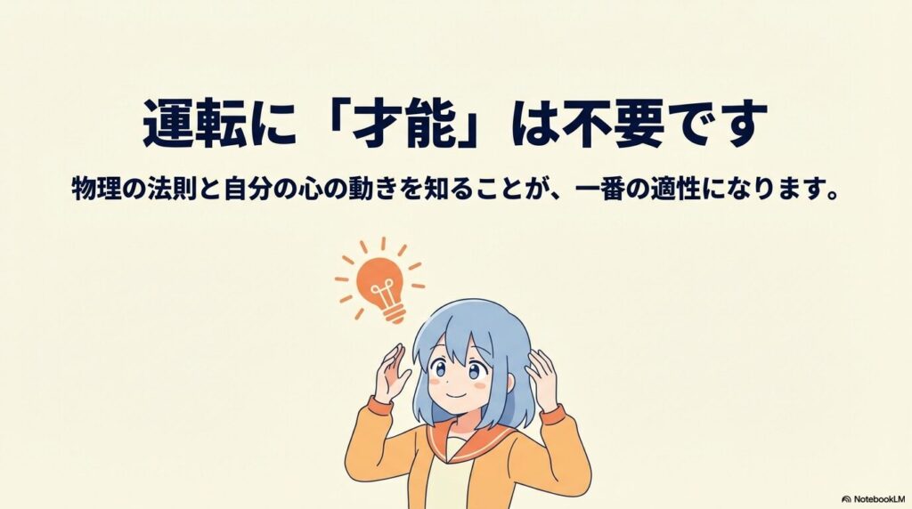 バイクの適性は才能ではなく、物理の法則と心の準備であることをひらめいた女性のイラスト