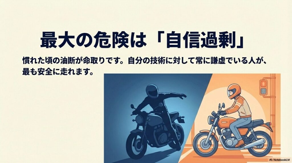 自信過剰で危険な運転をするライダーのシルエットと、謙虚に安全運転を心がけるライダーの対比イラスト