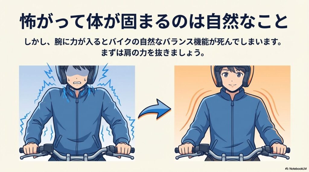 恐怖で腕に力が入りガチガチになっている状態から、肩の力を抜いてリラックスした状態へと変わるライダーのイラスト