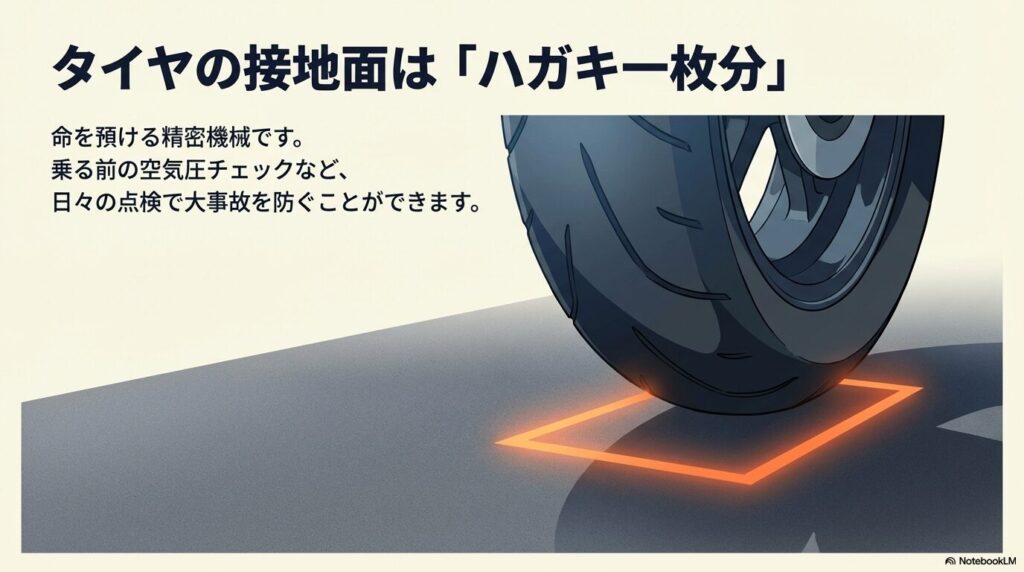 バイクのタイヤが路面と接している面積はわずかハガキ1枚分しかなく、大事故を防ぐには日常点検が重要であることを伝えるスライド