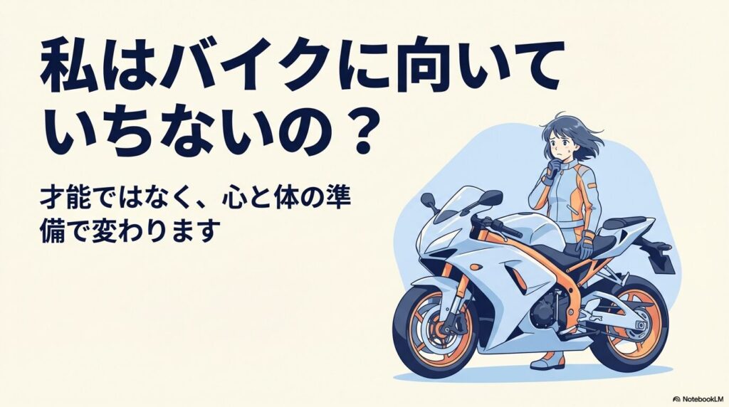 バイクの横で「自分はバイクに向いていないのではないか」と悩む女性ライダーのイラスト